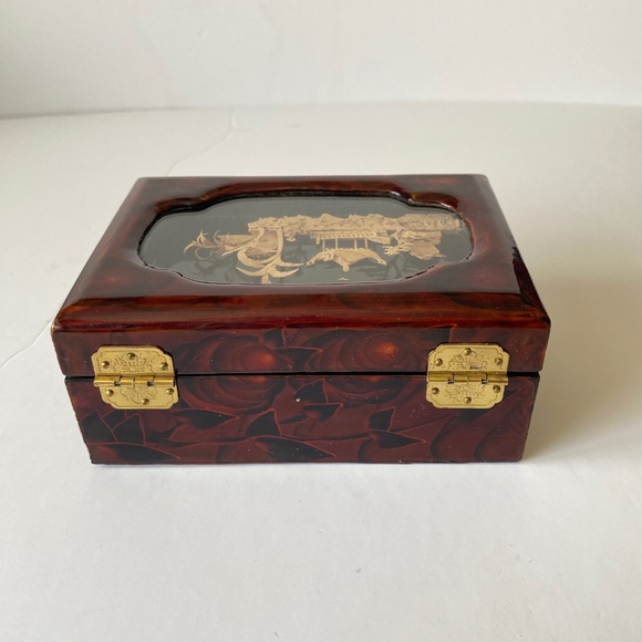 Chinese Cork Diorama Trinket Box Handcrafted in Wood Vintage - Picture 3 of 8